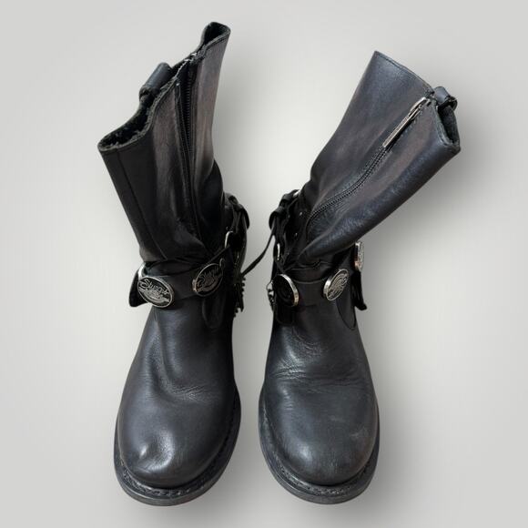 Harley Davidson Women Black Leather Biker Ankle Boots Chain Buckle Sturgis sz 7 - Picture 2 of 13
